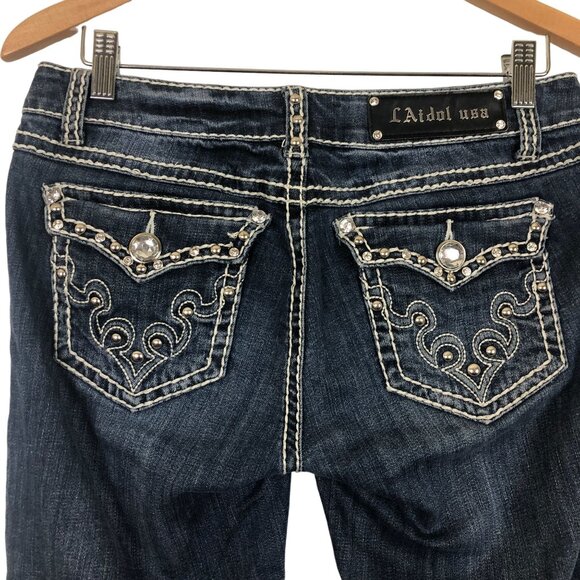 L.A. Idol Denim Capris Sz 9 Jrs Low Rise Dark Wash Flap Pockets Embellished - Picture 8 of 13